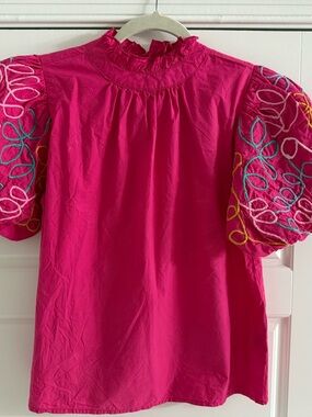 THML Bright Fuchsia Puff Sleeve Embroidered Top